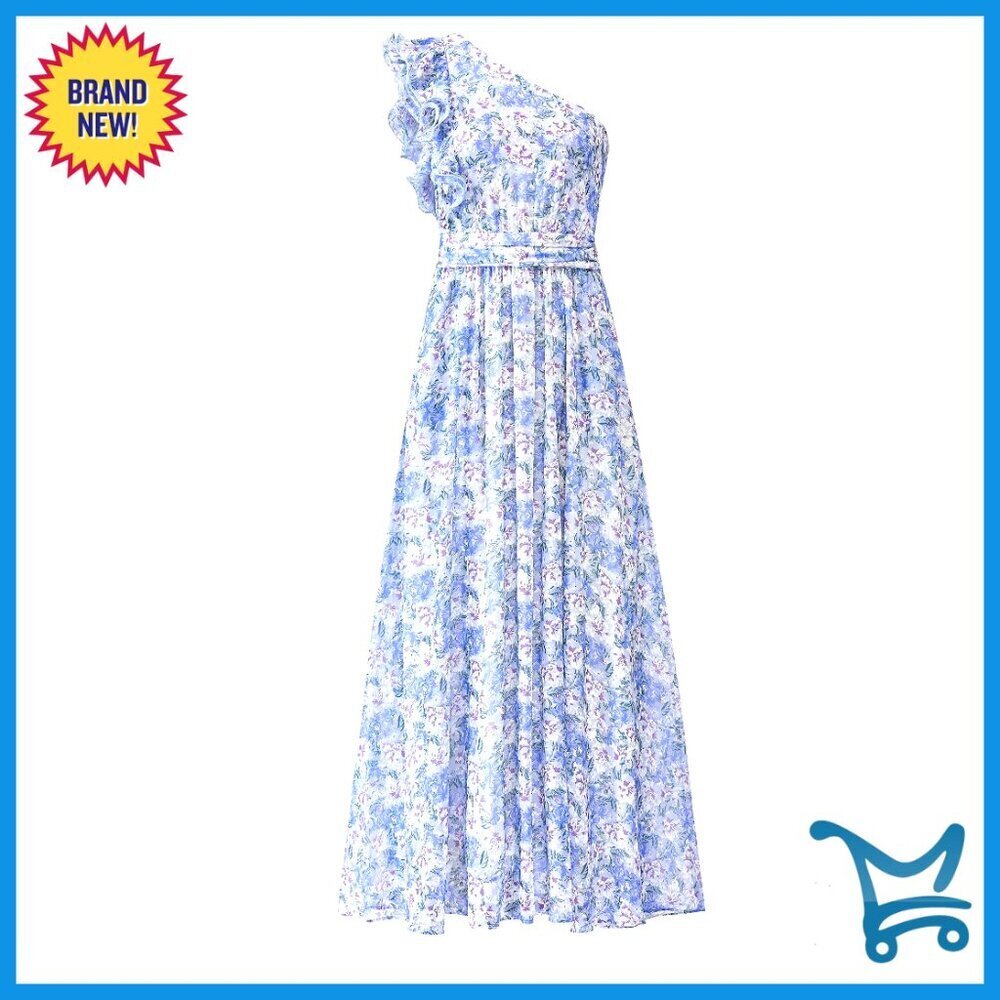 One Shoulder Floral Maxi Dress Sleeveless Smocked Ruffle Boho Elegant Wedding
